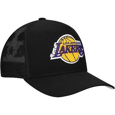 Men's Mitchell & Ness Black Los Angeles Lakers Monogram All-Over Logo Mesh Trucker Adjustable Hat