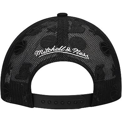 Men's Mitchell & Ness Black Los Angeles Lakers Monogram All-Over Logo Mesh Trucker Adjustable Hat