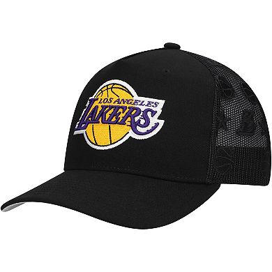 Men's Mitchell & Ness Black Los Angeles Lakers Monogram All-Over Logo Mesh Trucker Adjustable Hat