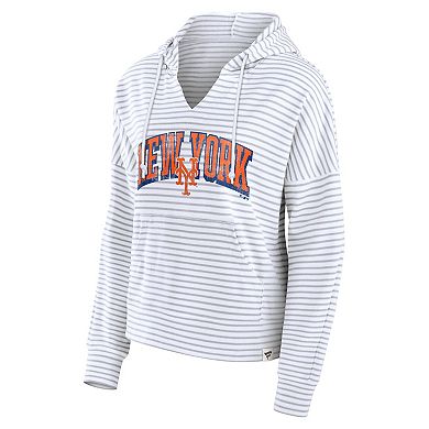 Women's Fanatics White New York Mets Striped Fundamentals Notch Neck Pullover Hoodie