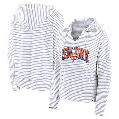 Women's Fanatics White New York Mets Striped Fundamentals Notch Neck Pullover Hoodie