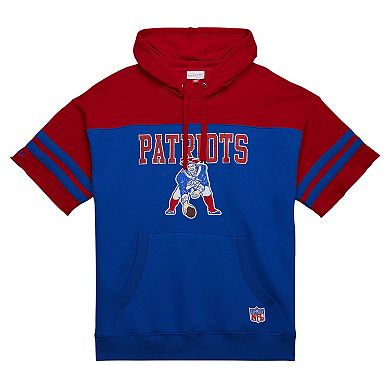 Men's Mitchell & Ness Royal New England Patriots  Off Field Vintage Logo Short Sleeve Pullover Hoodie