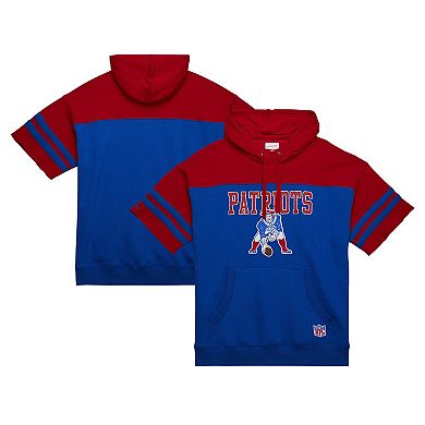 Men's Mitchell & Ness Royal New England Patriots  Off Field Vintage Logo Short Sleeve Pullover Hoodie