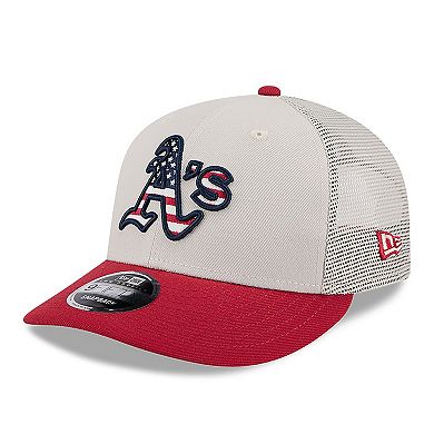 Men's New Era  Khaki/Red Oakland Athletics 2024 Fourth of July Trucker Low Profile 9FIFTY Snapback Hat