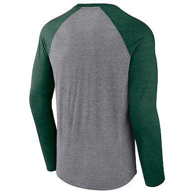 Men's Fanatics Heathered Gray/Heathered Green Green Bay Packers Weekend Casual Tri-Blend Raglan Long Sleeve T-Shirt
