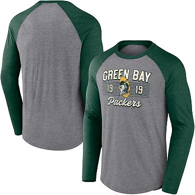Men's Fanatics Heathered Gray/Heathered Green Green Bay Packers Weekend Casual Tri-Blend Raglan Long Sleeve T-Shirt