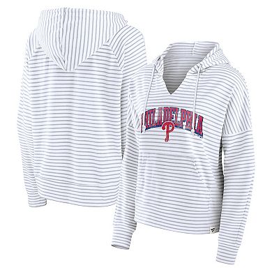 Women's Fanatics White Philadelphia Phillies Striped Fundamentals Notch Neck Pullover Hoodie