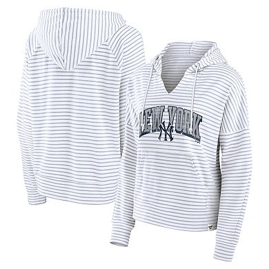 Women's Fanatics White New York Yankees Striped Fundamentals Notch Neck Pullover Hoodie