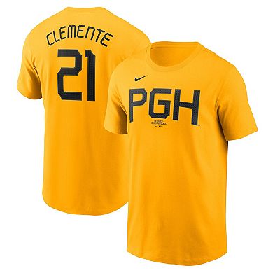 Men's Nike Roberto ClementeÂ Gold Pittsburgh Pirates City Connect Fuse Name & Number T-Shirt