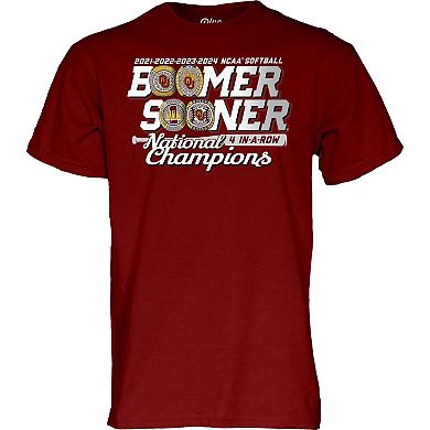 Unisex Blue 84 Crimson Oklahoma Sooners Four-Peat NCAA Softball Women’s College World Series Champions T-Shirt