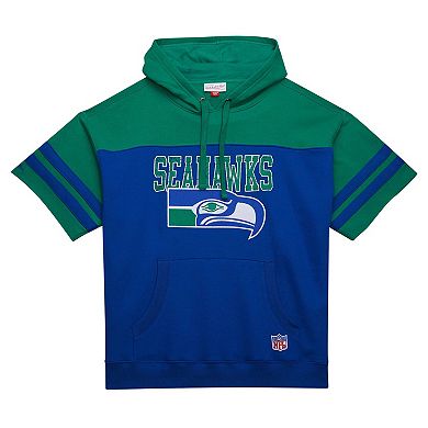 Men's Mitchell & Ness Royal Seattle Seahawks  Off Field Vintage Logo Short Sleeve Pullover Hoodie