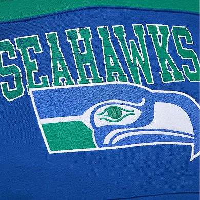 Men's Mitchell & Ness Royal Seattle Seahawks  Off Field Vintage Logo Short Sleeve Pullover Hoodie