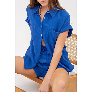August Sky Women's Gauze Button Up And Shorts Set
