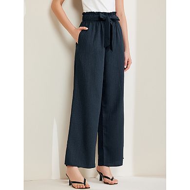 Women's Wide Leg Pants With Pockets Tie Knot High Waist Pleated Palazzo Trousers