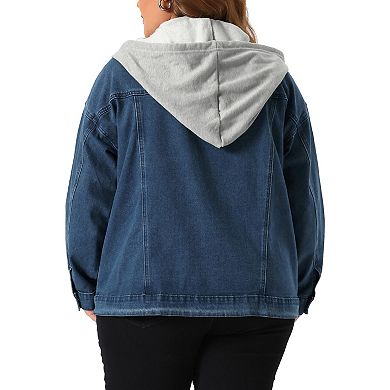 Women's Plus Size Denim Jacket Layered Drawstring Detachable Hoodie Jean Jackets With Pockets