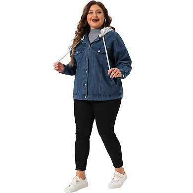Women's Plus Size Denim Jacket Layered Drawstring Detachable Hoodie Jean Jackets With Pockets