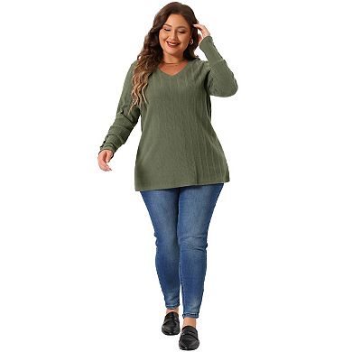 Plus Size Blouses For Women Long Sleeve Knit Tops V Neck Casual Pullover Sweater