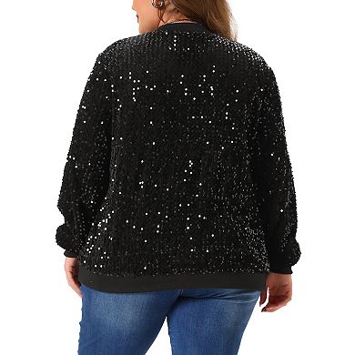 Plus Size Sequin Jacket For Women Long Sleeve Front Zip Bomber Jacket With Pockets