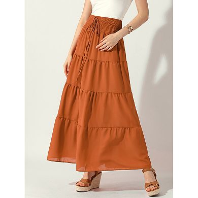 Women's Boho Skirts Summer Smocked Elastic Waist Tiered A-line Beach Maxi Skirt