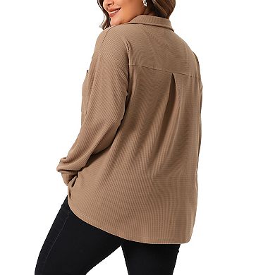 Plus Size Shirt Jacket For Women Waffle Knit Shacket Button Down Blouse Long Sleeve Tops