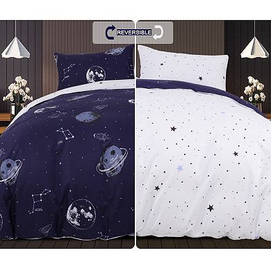 Cartoon Star Universe Planets Bedding Set, Planet Spaceship Stars Space Rocket Print Duvet Cover Set