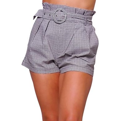 Fashnzfab High Waisted Pleated & Belted Plaid Shorts