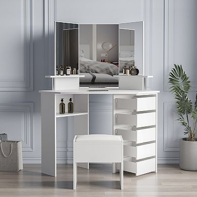 Corner dressing table make up desk with three-fold mirror and 5 rotary drawer