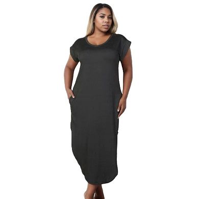 Fashnzfab Plus Size Hidden Pocket Batwing Sleeve V Neck Long Dress