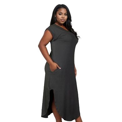 Fashnzfab Plus Size Hidden Pocket Batwing Sleeve V Neck Long Dress