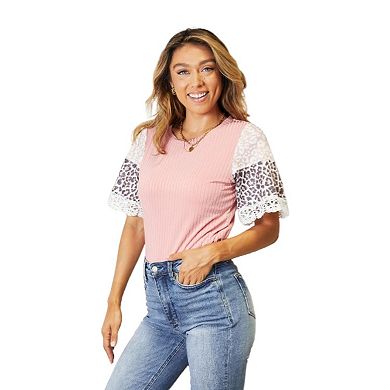 Fashnzfab Leopard Lace Trim Ribbed Round Neck Top