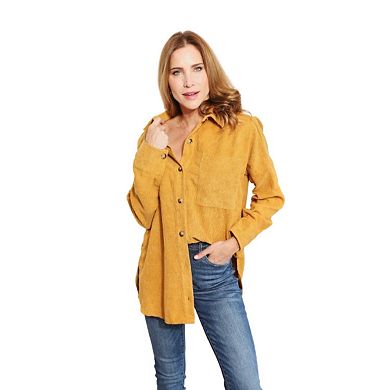 Fashnzfab Full Size Oversized Corduroy  Button-down Tunic Shirt With Bust Pocket