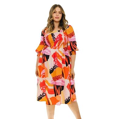 Fashnzfab Plus Floral Print Square Neckline Midi Dress