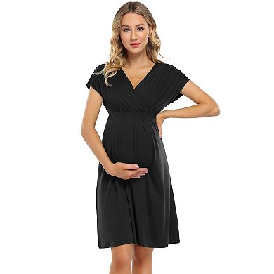 Women's V-neck A-line Knee Length Wrap Dress Swing Maternity Dresses For Baby Shower Or Casual