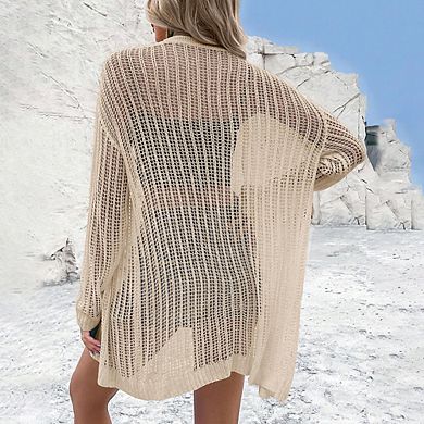 Womens Summer Lightweight Cardigan Long Sleeve Open Front Loose Beach Crochet Cover Up