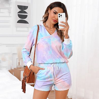 Women's Print Long Sleeve Tops With Shorts Loungewear Nightwear Pullover Pajama Set With Pockets