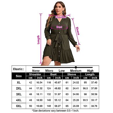 Women's Plus Size Long Sleeve Button Front Belted Shirt Dress V Neck Ruffle Midi Shirt Dress