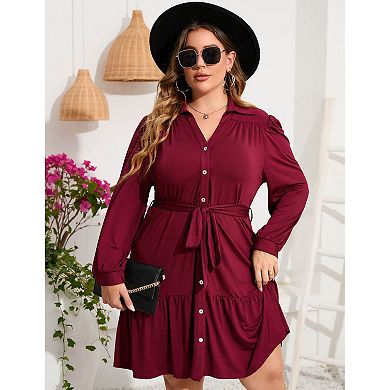 Women's Plus Size Long Sleeve Button Front Belted Shirt Dress V Neck Ruffle Midi Shirt Dress