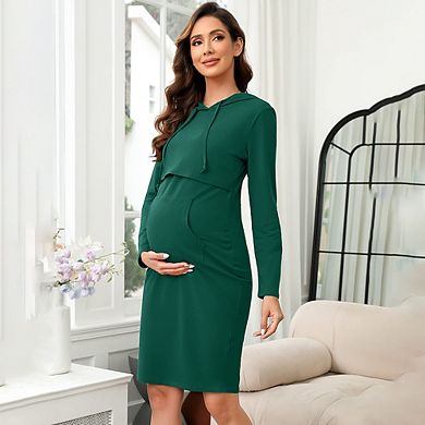 Women's Casual Maternity Dress Knee Length Pocket Nursing Breastfeeding Pullover Hoodie Dress