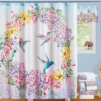 Collections Etc Hummingbird & Colorful Floral Wreath Print Shower Curtain