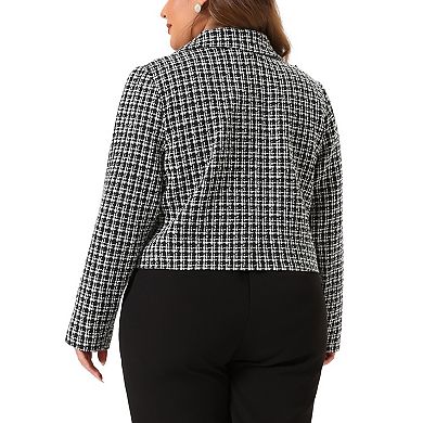 Plus Size Plaid Tweed Blazers For Women Lapel Long Sleeve Office Crop Jacket