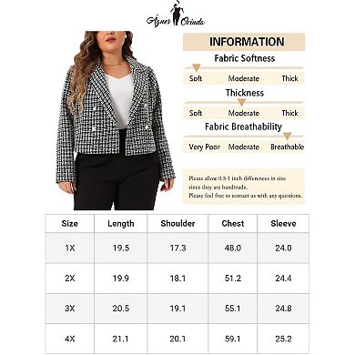 Plus Size Plaid Tweed Blazers For Women Lapel Long Sleeve Office Crop Jacket