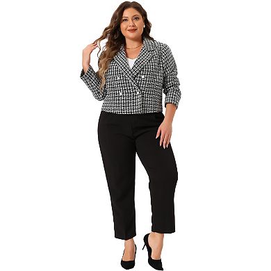 Plus Size Plaid Tweed Blazers For Women Lapel Long Sleeve Office Crop Jacket