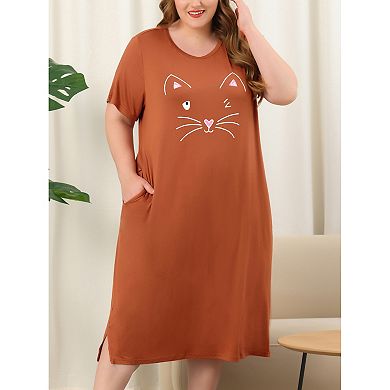 Women's Plus Size Comfy Pajamas Cute Moggy Print Side Pocket Nightgown