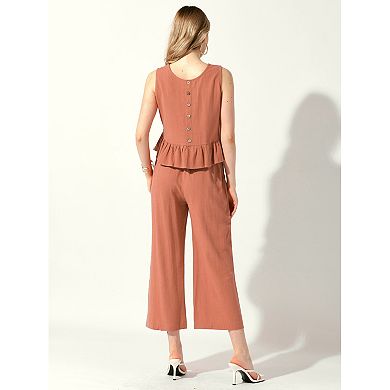 Women' S 2 Piece Outfits Linen Crop Tank Tops Lounge Sets Long Track Pants Trousers Tracksuits