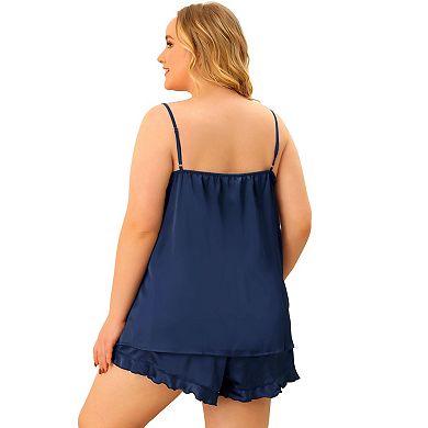 Women's Plus Size Pajama Set Silk Ruffle Cami Elastic Waist Shorts Sleepwear