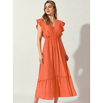 V Neck Dress For Women's Swing Ruched Sleeveless Ruffle Vacation Maxi Dresses