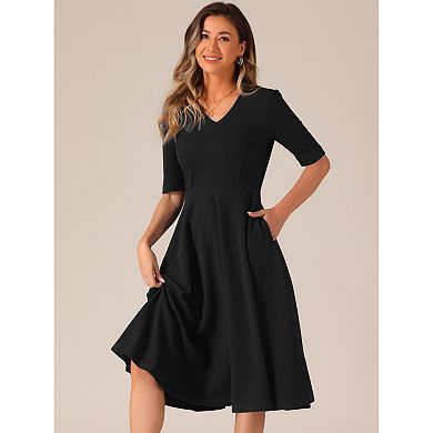 Vintage Dresses For Women's V Neck Half Sleeve Swing Dress With Pockets