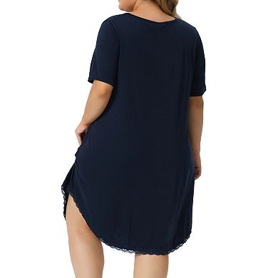 Women's Plus Size Pajama Dress V Neck Lace Trim T-shirt Nightgown Sleepwear