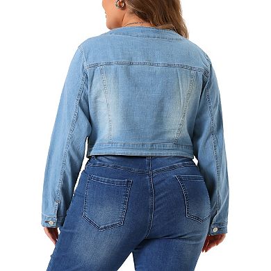 Women's Plus Size Button Down Denim Jackets Collarless Chest Pockets Crop Jean Jackets
