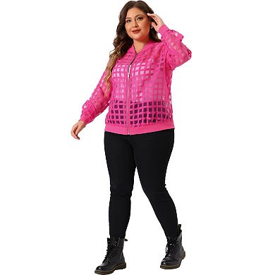 Plus Size Bomber Jacket For Women Hollow Out Long Sleeve Baseball Collar Outerwear